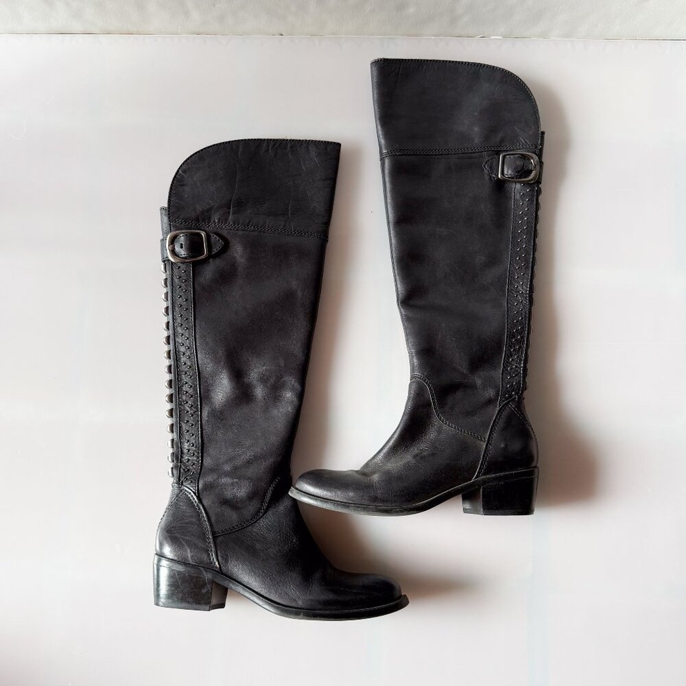 Vince Camuto Over the Knee High Black Leather Studded w/ Zipper Boots Size 6